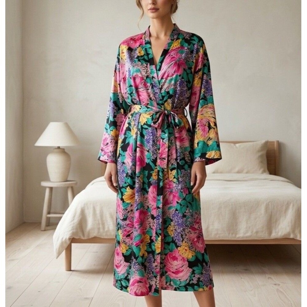 VTG 80s Cinema Etoile Satin Robe Womens Large Floral Belted Kimono Pockets Pink